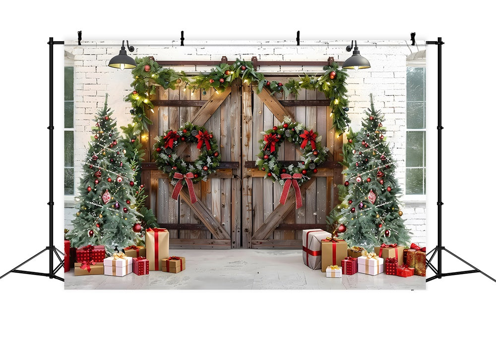Sfondo Porta In Legno Con Ghirlanda Di Albero Di Natale RR7-777