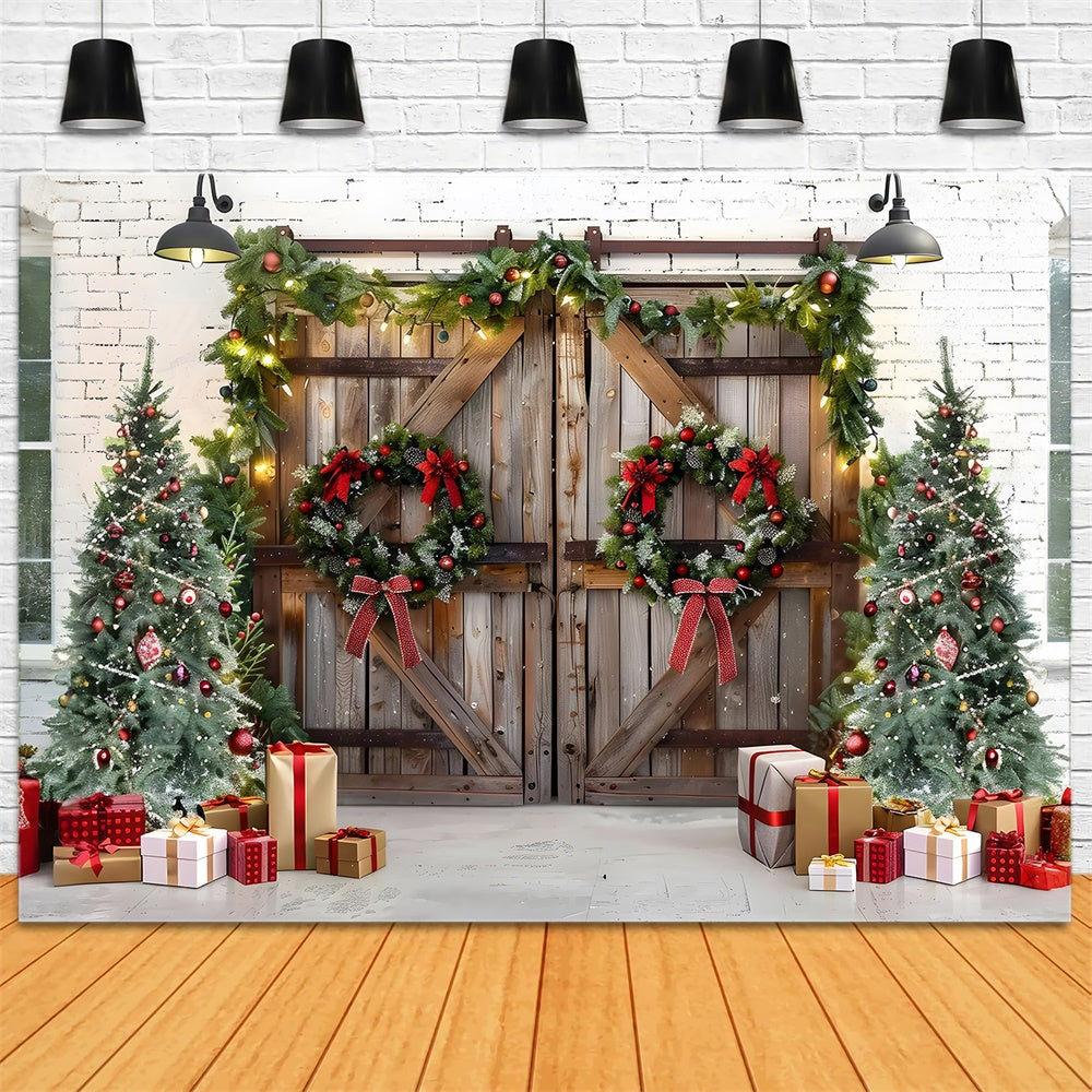 Sfondo Porta In Legno Con Ghirlanda Di Albero Di Natale RR7-777