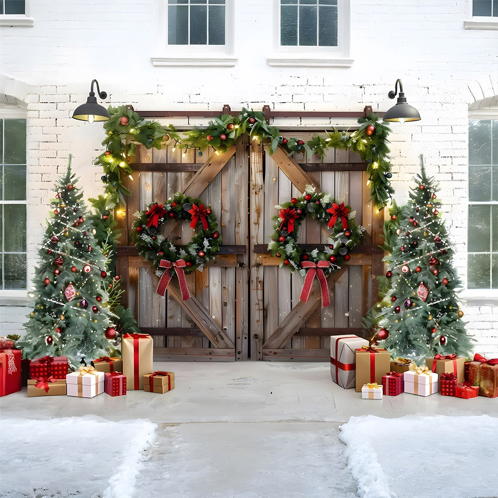 Sfondo Porta In Legno Con Ghirlanda Di Albero Di Natale RR7-777