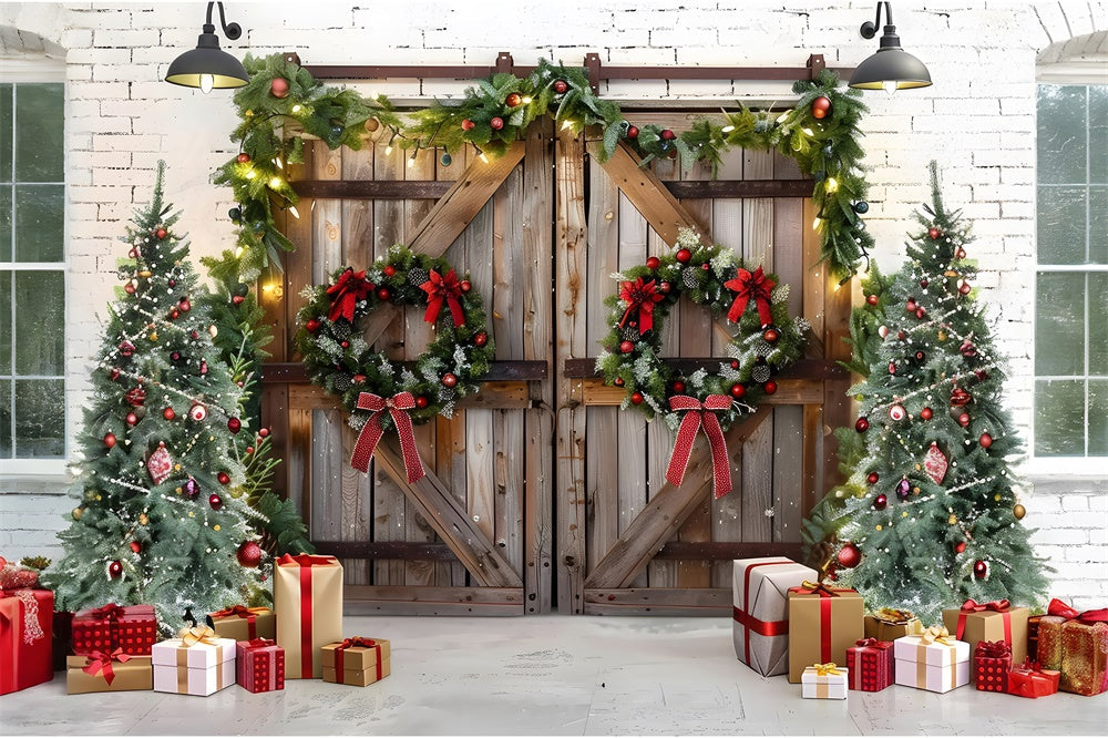 Sfondo Porta In Legno Con Ghirlanda Di Albero Di Natale RR7-777