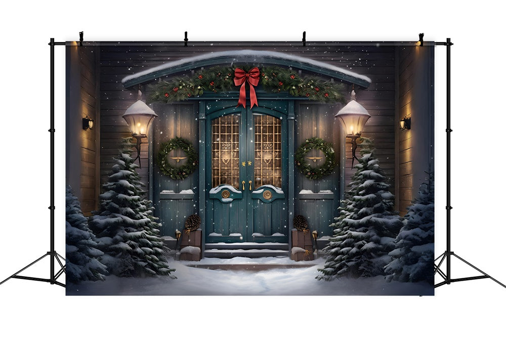 Sfondo Della Porta Con Ghirlanda Di Albero Di Natale Innevato RR7-782