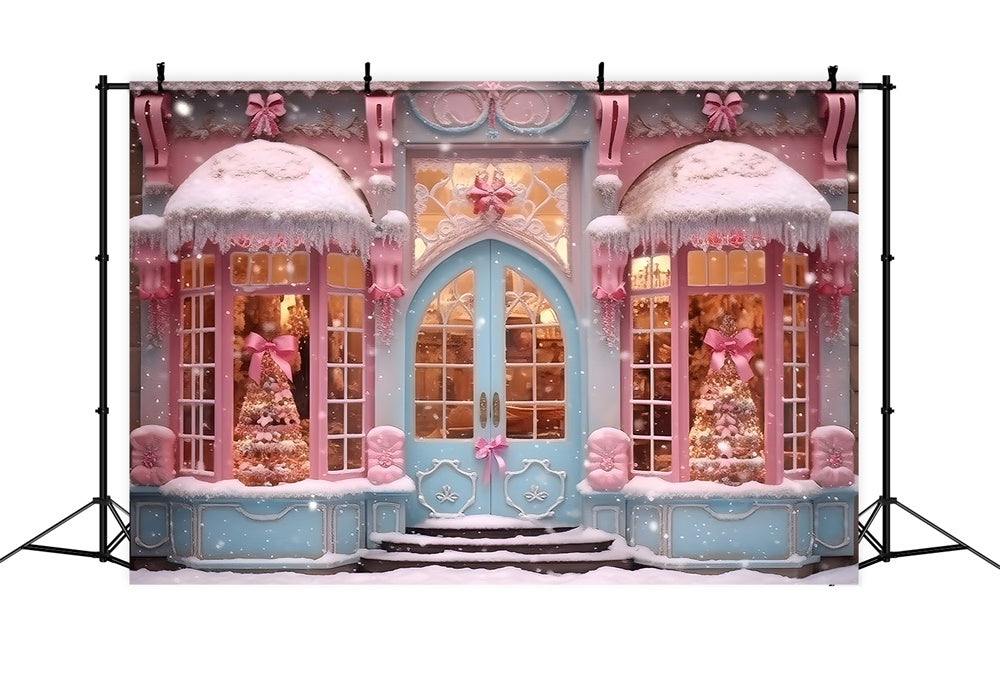 Sfondo Di Neve Del Negozio Di Caramelle Rosa Di Natale RR7-790