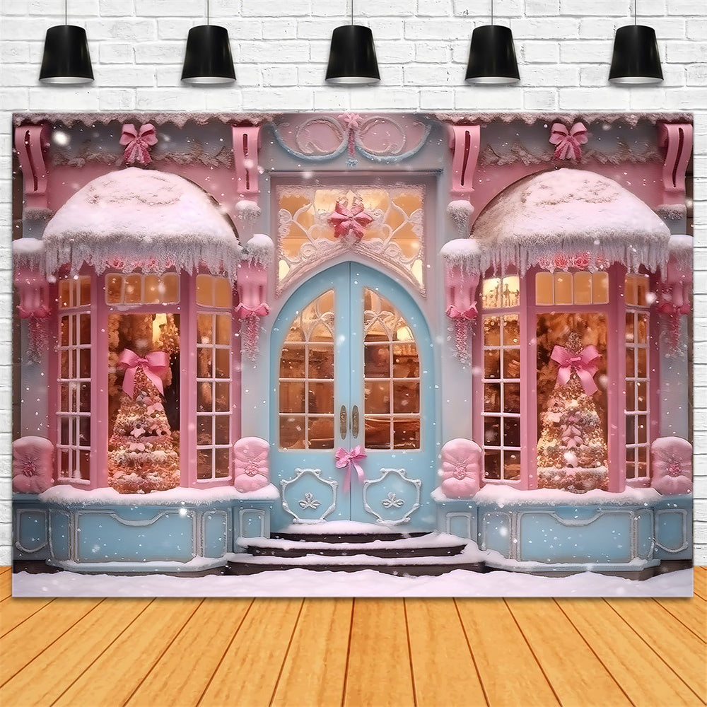 Sfondo Di Neve Del Negozio Di Caramelle Rosa Di Natale RR7-790