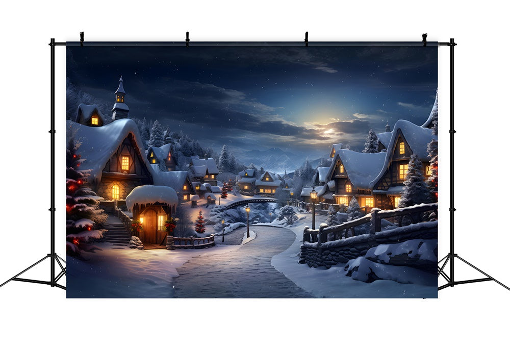 Sfondo Natalizio Con Luci Del Villaggio Nella Foresta Innevata RR7-803