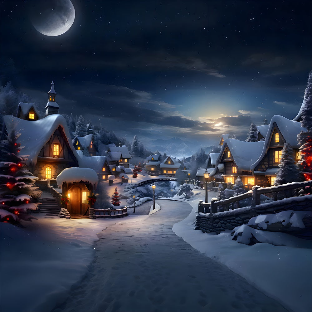 Sfondo Natalizio Con Luci Del Villaggio Nella Foresta Innevata RR7-803