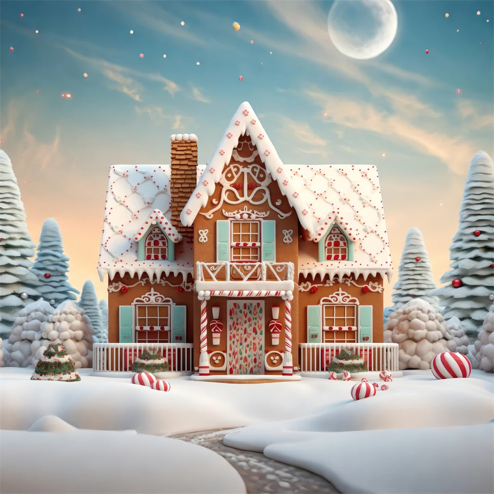 Sfondo Di Casa Di Marzapane Con Albero Di Natale In Neve RR7-806