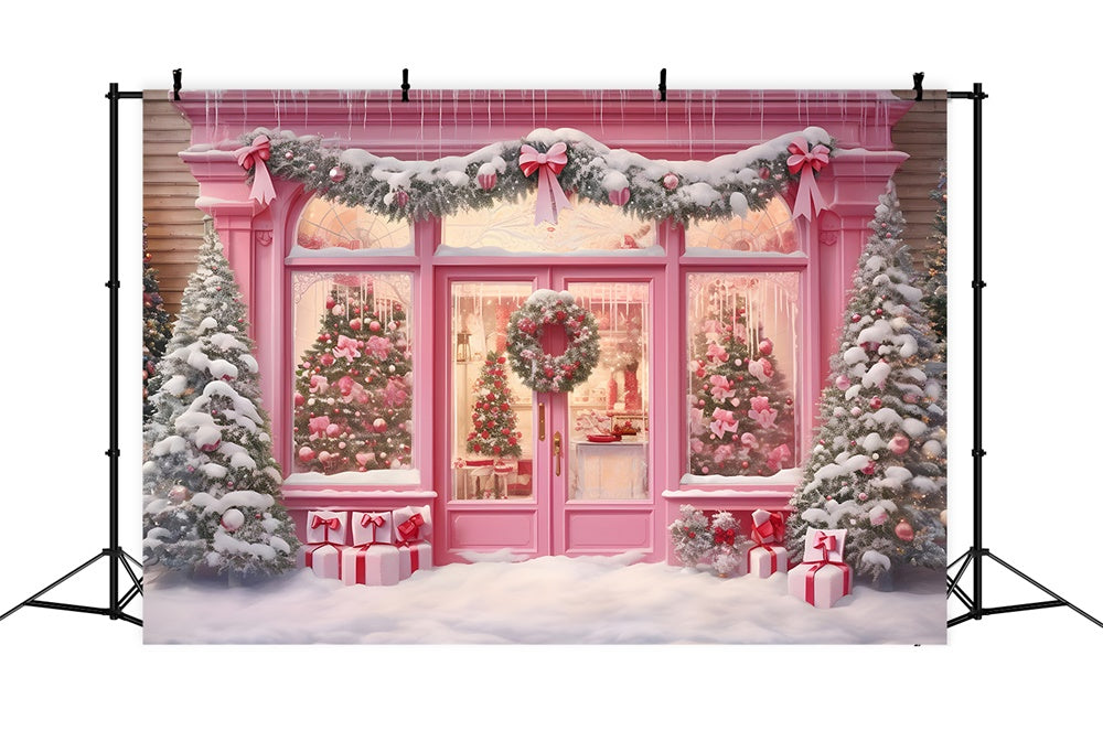 Negozio Di Natale Rosa Ghirlanda Di Neve Sullo Sfondo RR7-811