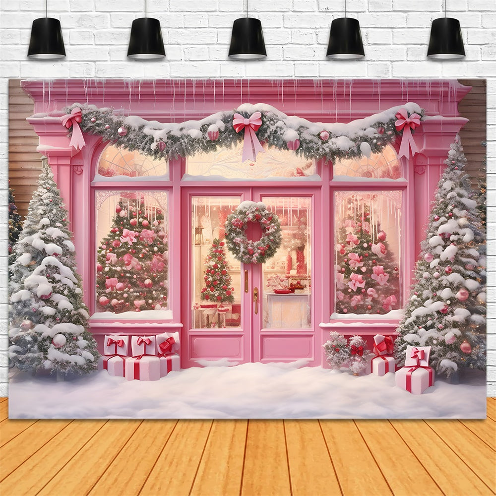 Negozio Di Natale Rosa Ghirlanda Di Neve Sullo Sfondo RR7-811