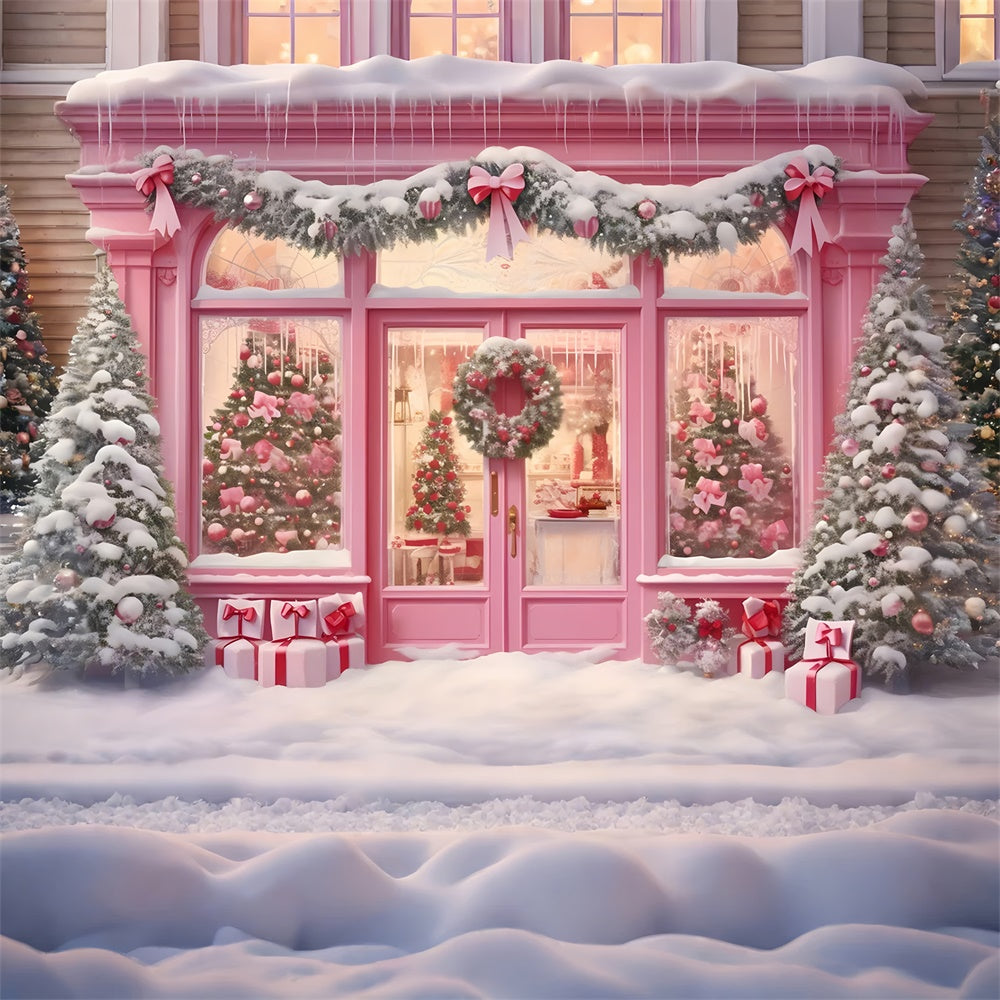 Negozio Di Natale Rosa Ghirlanda Di Neve Sullo Sfondo RR7-811
