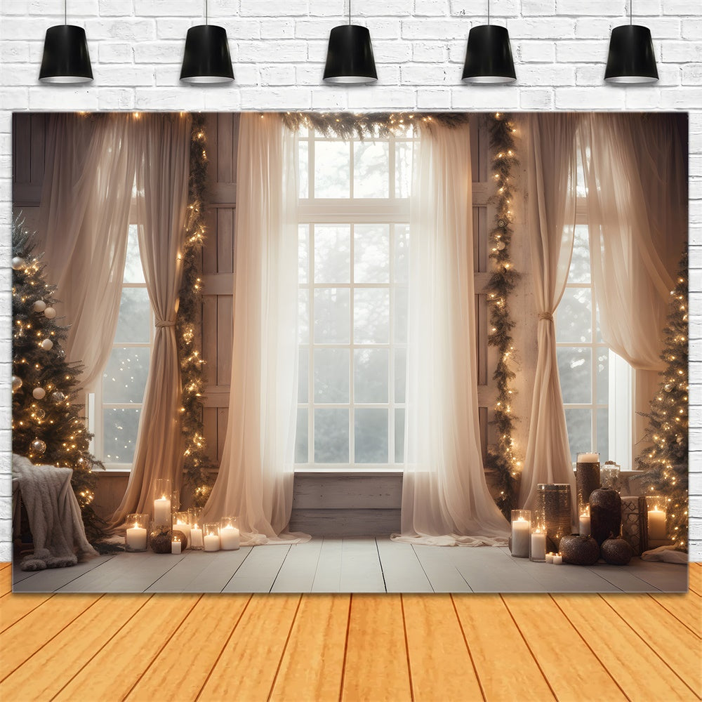 Sfondo Della Tenda Della Finestra Con Luci Dell'Albero Di Natale RR7-812