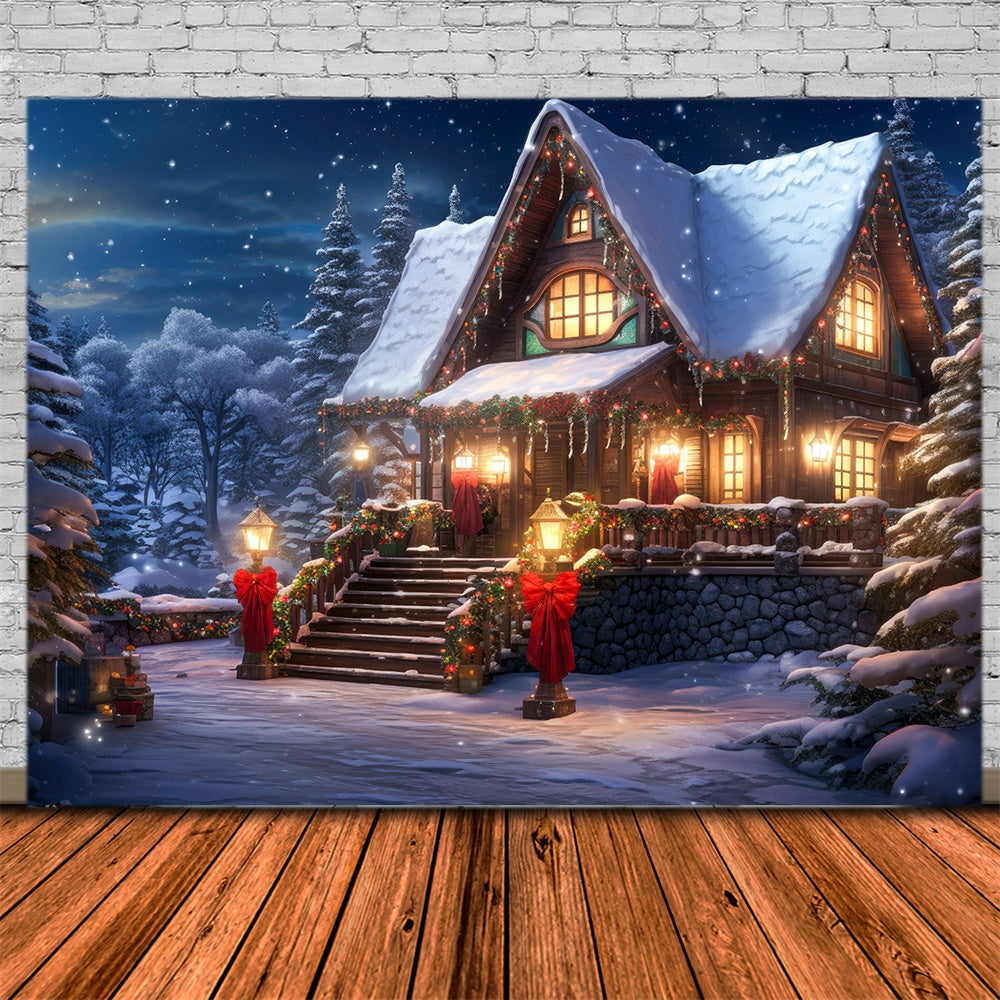 La Casa Innevata Della Foresta Illumina Lo Sfondo Natalizio RR7-813