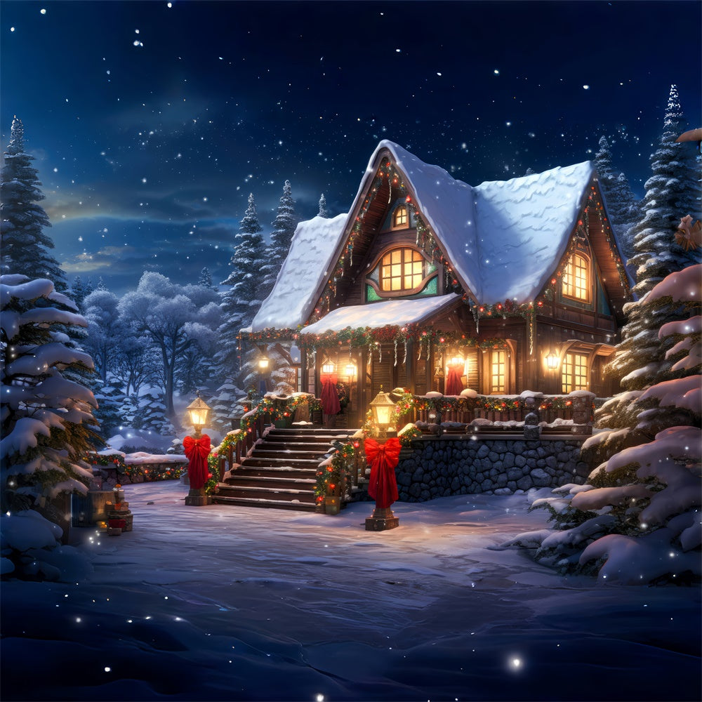 La Casa Innevata Della Foresta Illumina Lo Sfondo Natalizio RR7-813