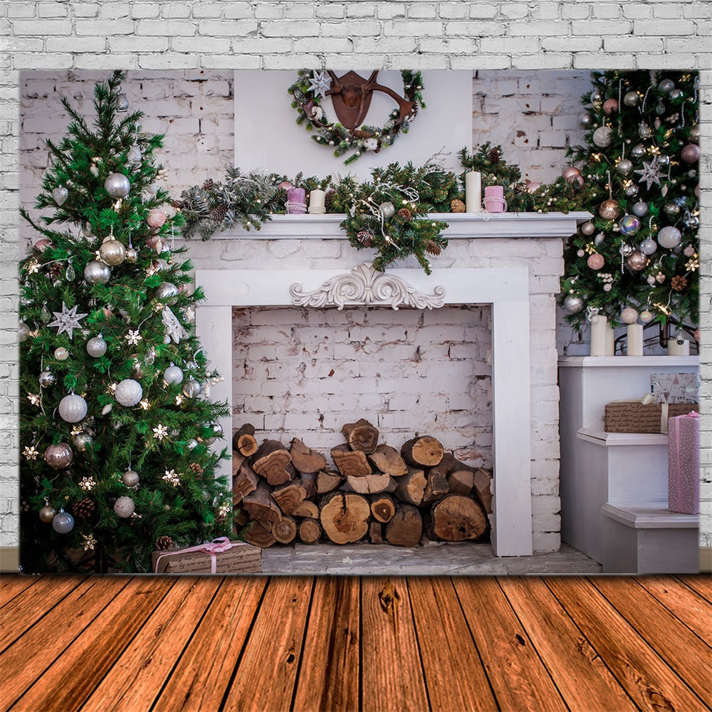 Sfondo Di Muro Di Mattoni Del Camino Dell'Albero Di Natale RR7-817