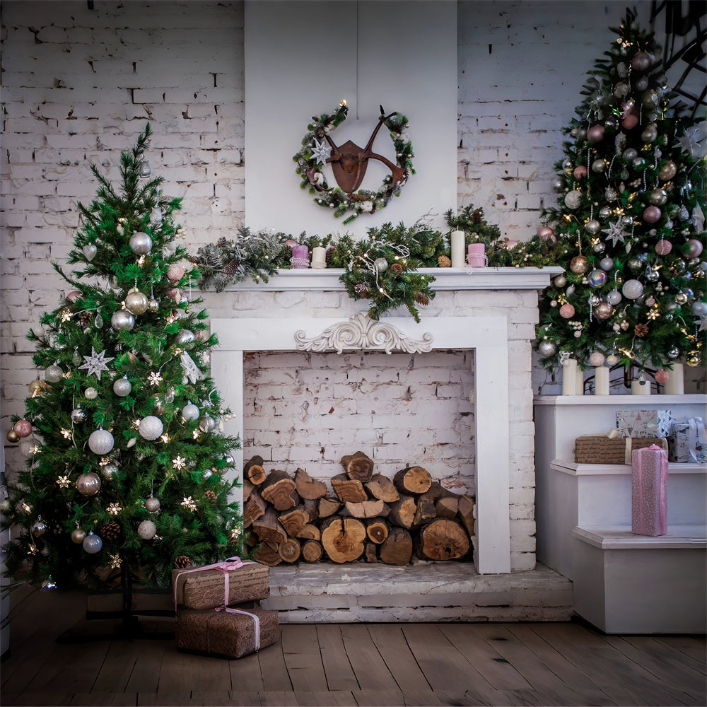 Sfondo Di Muro Di Mattoni Del Camino Dell'Albero Di Natale RR7-817