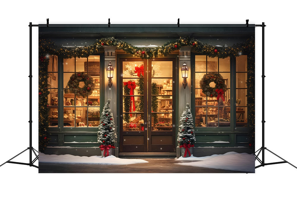Sfondo Di Ghirlanda Di Neve Albero Negozio Di Natale RR7-825