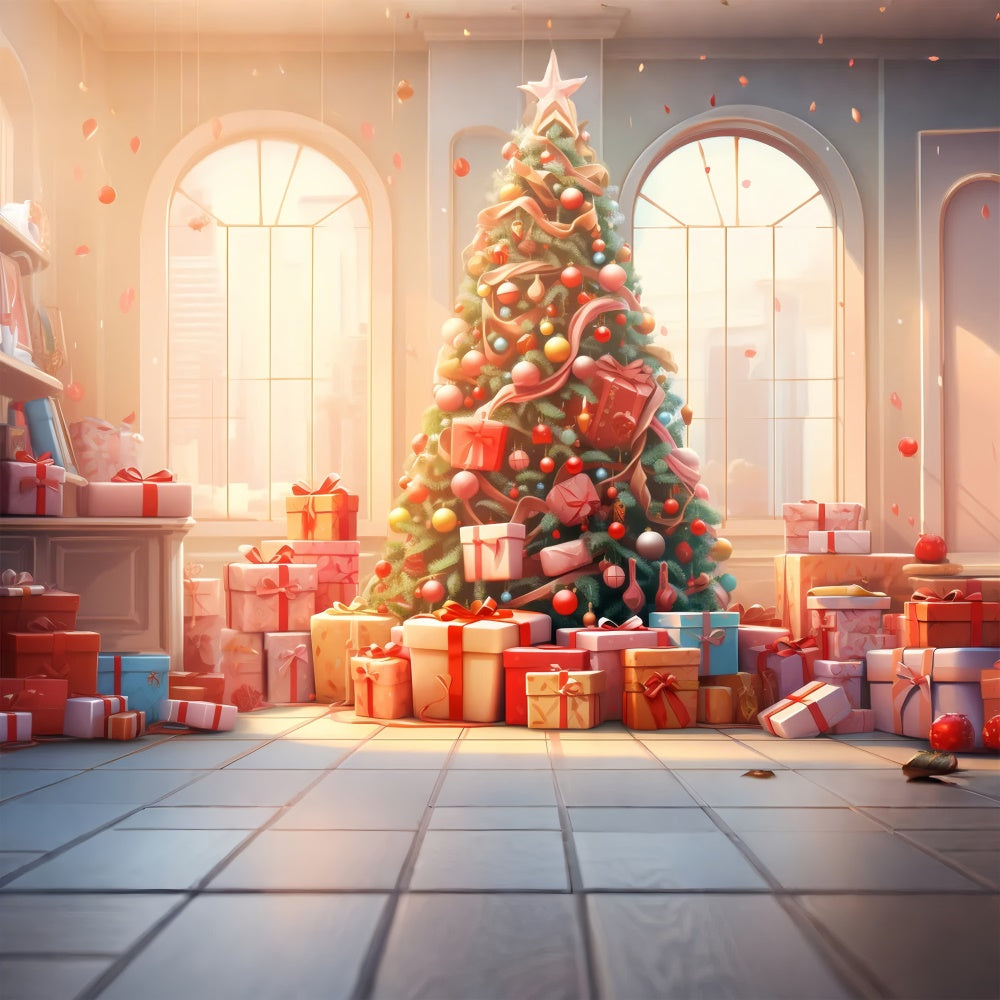 Sfondo Della Finestra Delle Scatole Regalo Dell'Albero Di Natale RR7-828