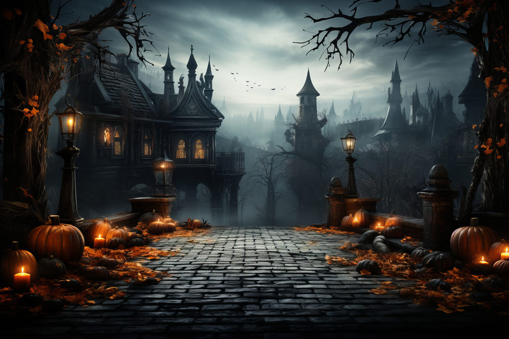 Sfondo Di Lanterne Di Zucca Del Castello Spaventoso Di Halloween RR7-83