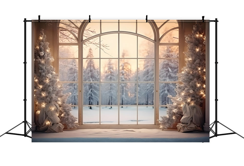 Sfondo Della Foresta Di Neve Della Finestra Dell'Albero Di Natale RR7-833