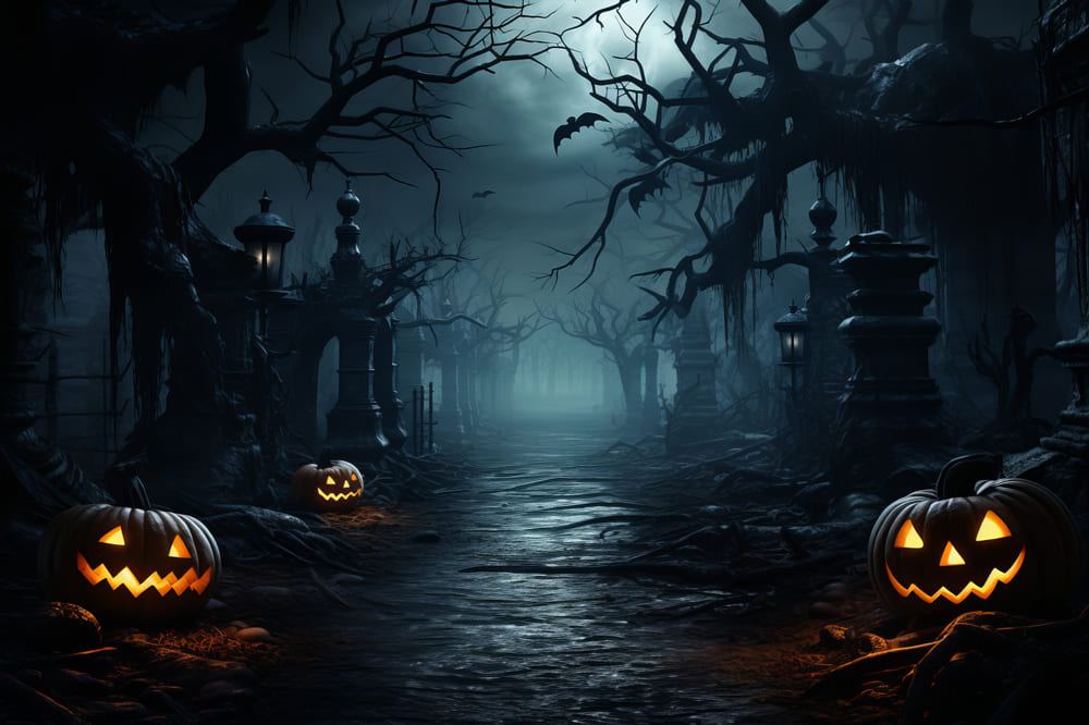 Sfondo Di Zucche Malvagie Della Foresta Horror Di Halloween RR7-84