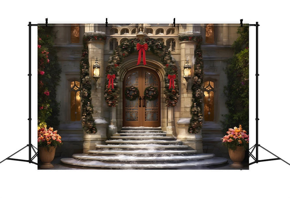 Sfondo Di Neve Con Ghirlanda Natalizia Sulla Porta D'Ingresso RR7-843