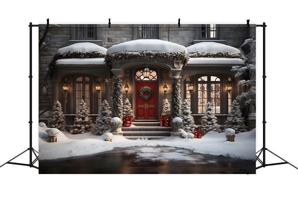 Sfondo Della Casa Innevata Della Notte Degli Alberi Di Natale RR7-847