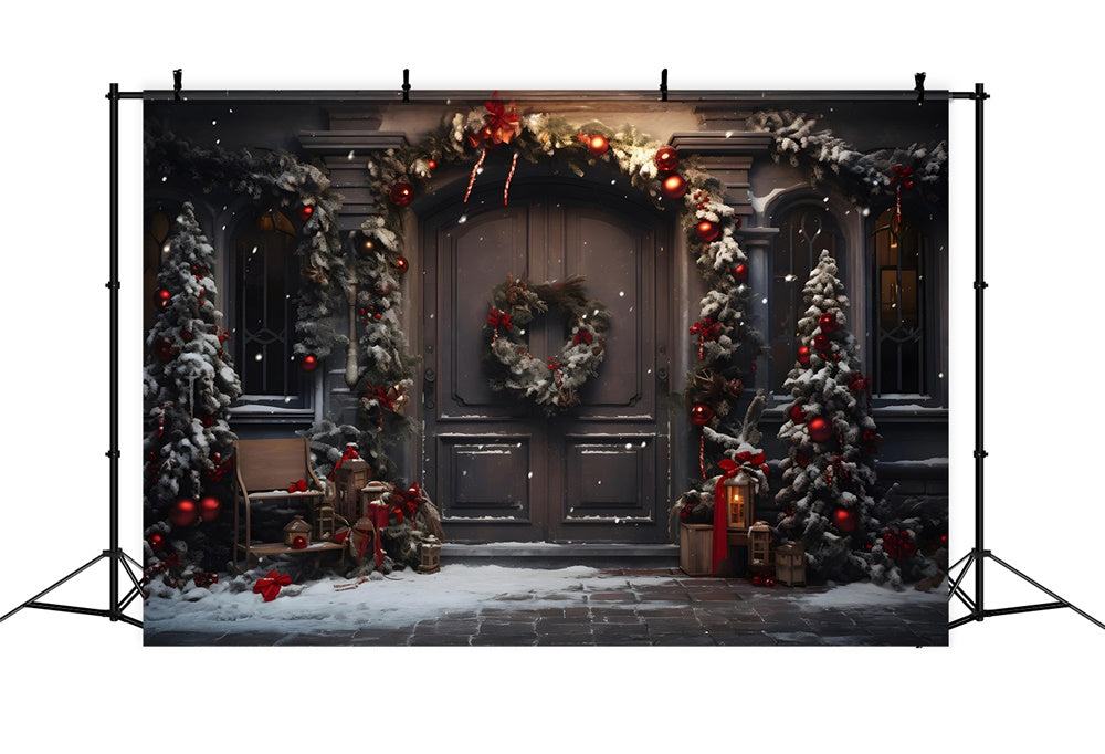 Sfondo Di Neve Con Porta Ghirlanda Di Alberi Di Natale RR7-848