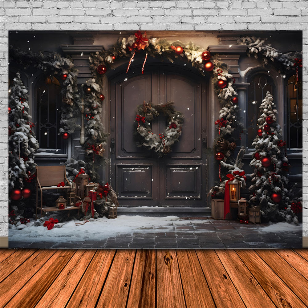 Sfondo Di Neve Con Porta Ghirlanda Di Alberi Di Natale RR7-848