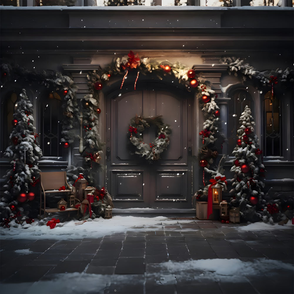 Sfondo Di Neve Con Porta Ghirlanda Di Alberi Di Natale RR7-848