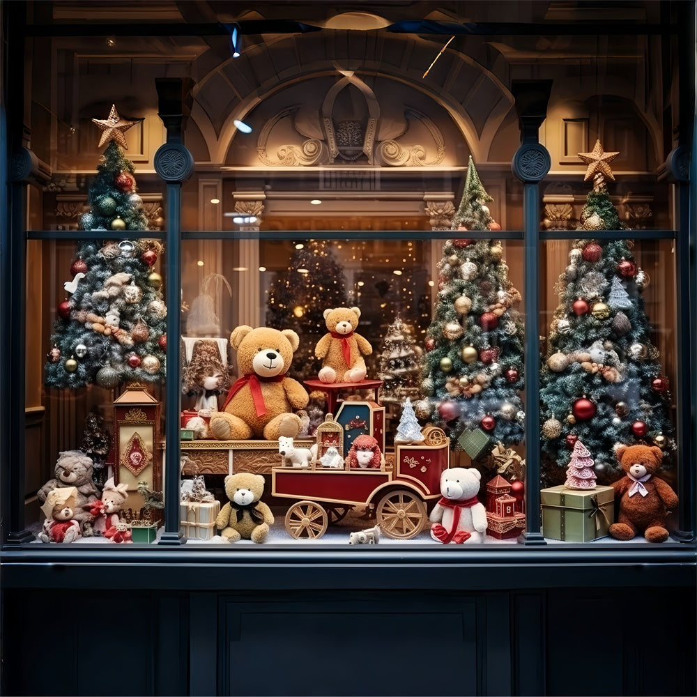 Sfondo Della Finestra Del Negozio Di Giocattoli Dell'Orso Dell'Albero Di Natale RR7-856