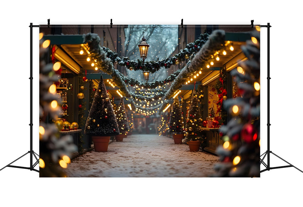 Sfondo Luminoso Di Strada Innevata Con Albero Di Natale RR7-858