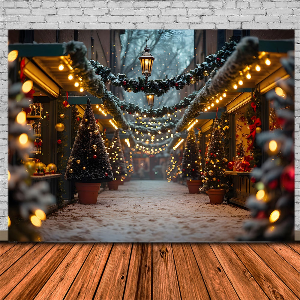 Sfondo Luminoso Di Strada Innevata Con Albero Di Natale RR7-858