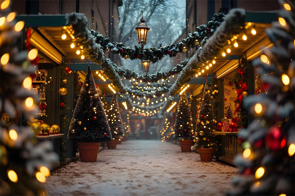 Sfondo Luminoso Di Strada Innevata Con Albero Di Natale RR7-858