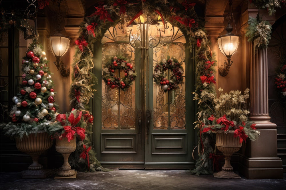 Sfondo Della Porta D'Ingresso Con Ghirlanda Di Albero Di Natale RR7-863