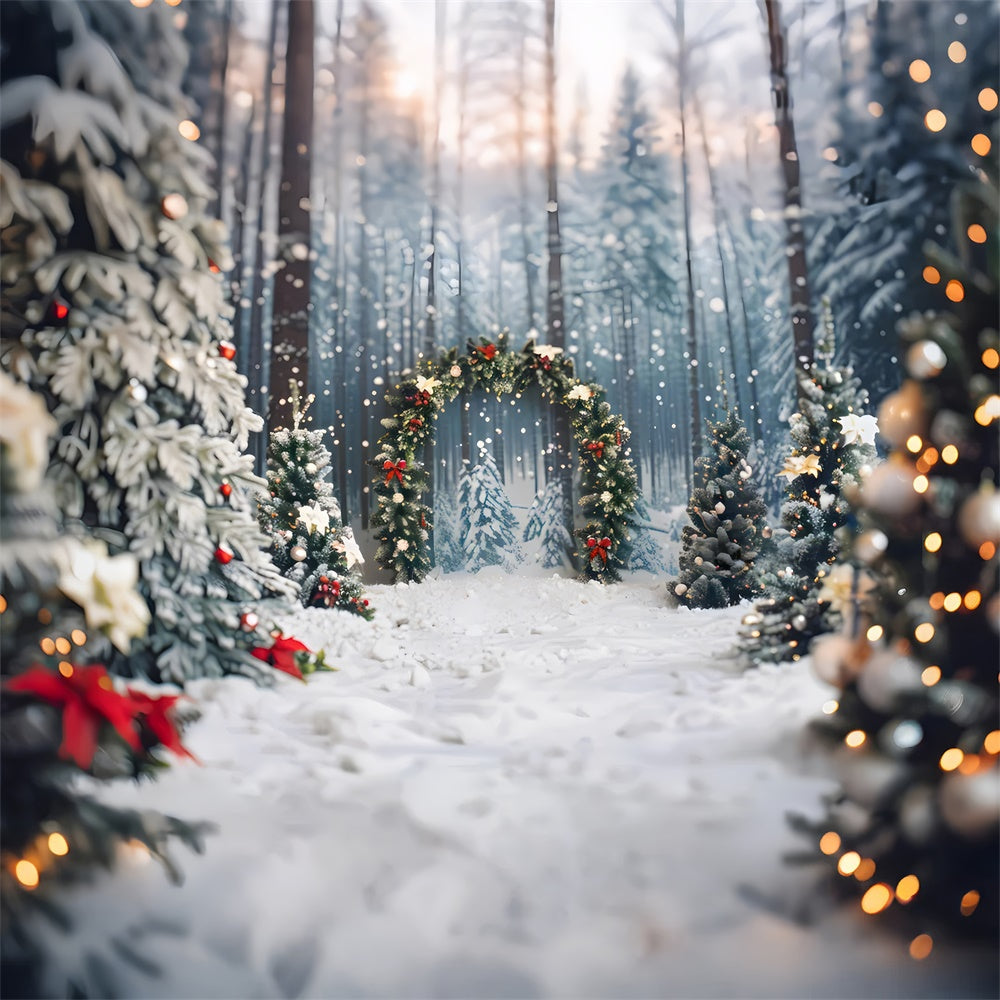 Sfondo Di Arco Con Ghirlande Di Alberi Di Natale Innevati RR7-865