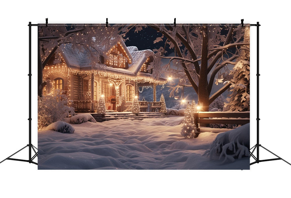 Sfondo Di Casa Serale Con Albero Di Natale In Neve RR7-867