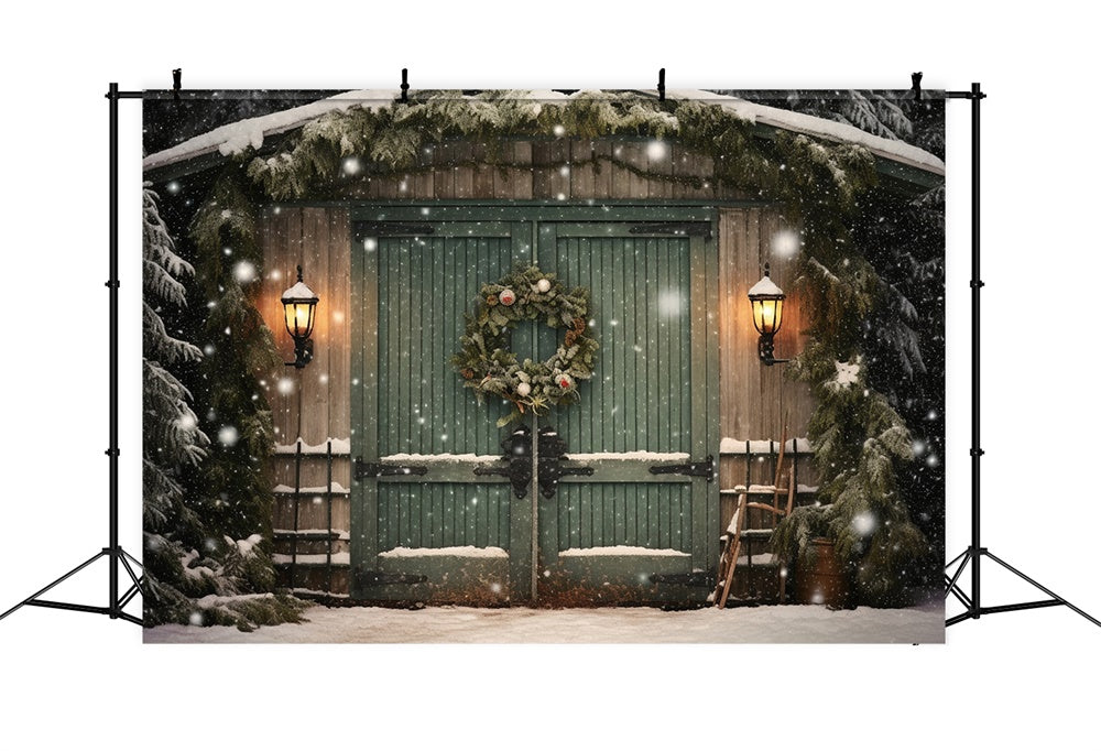 Sfondo Della Cabina Dei Boschi Con Fiocchi Di Neve Dell'Albero Di Natale RR7-871