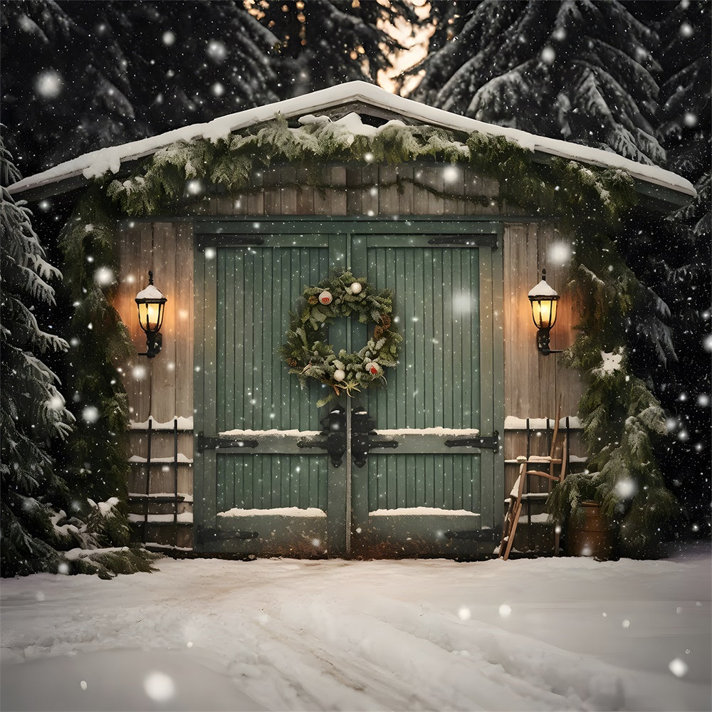 Sfondo Della Cabina Dei Boschi Con Fiocchi Di Neve Dell'Albero Di Natale RR7-871