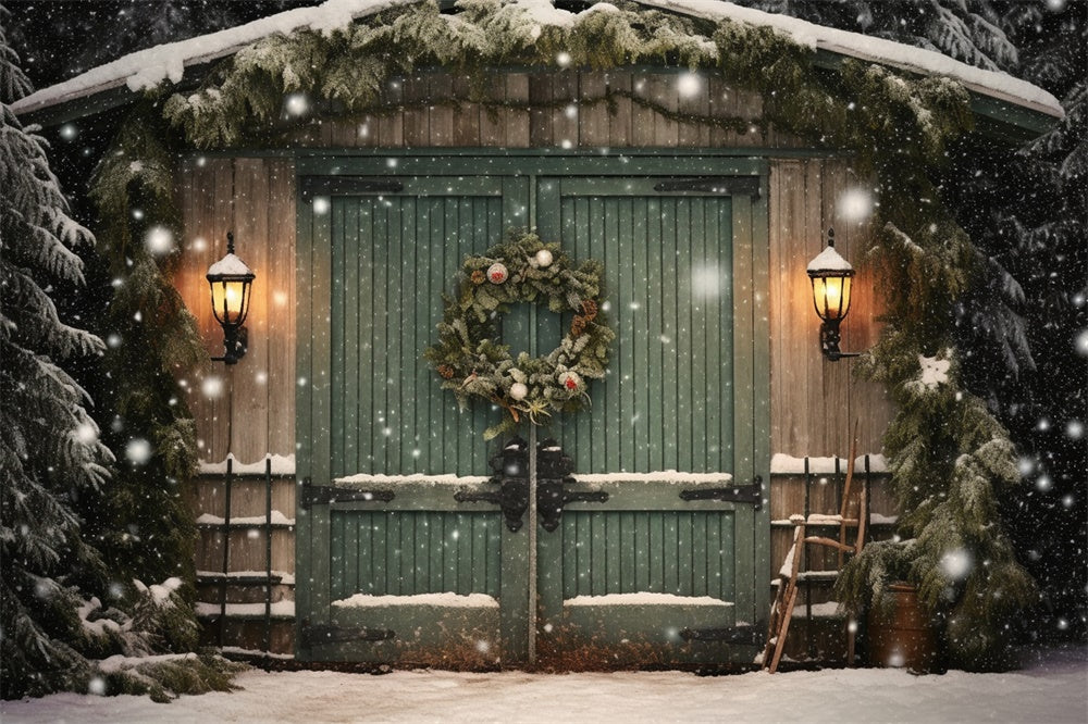 Sfondo Della Cabina Dei Boschi Con Fiocchi Di Neve Dell'Albero Di Natale RR7-871