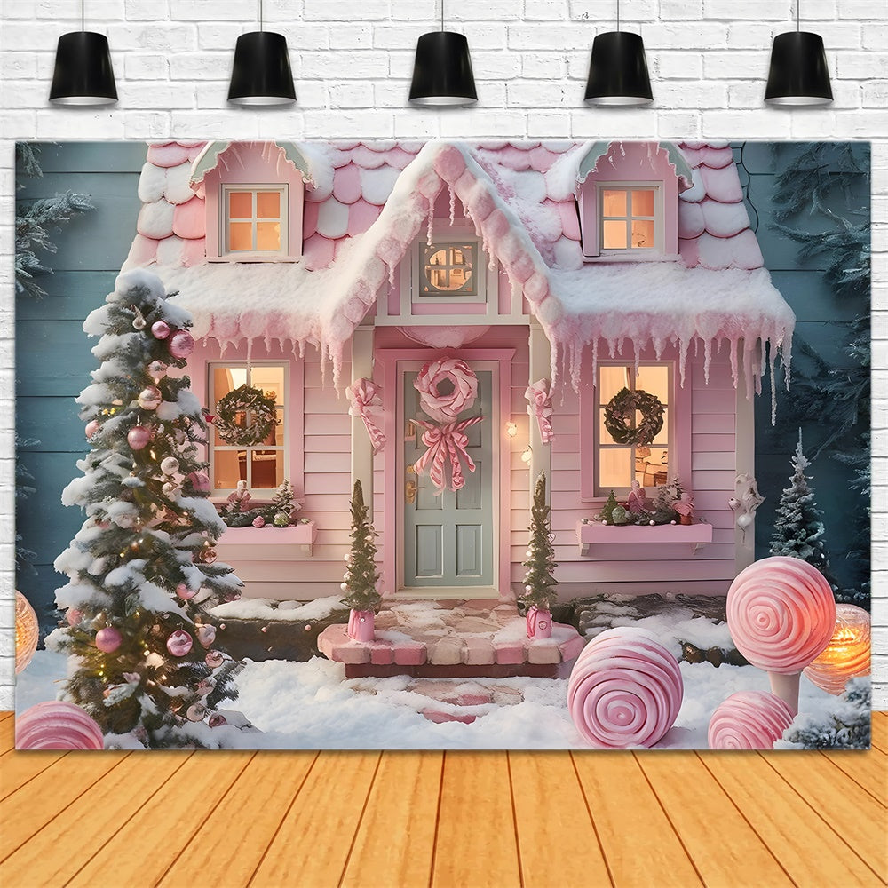 Sfondo Di Casa Di Caramelle Rosa Con Albero Di Natale RR7-878