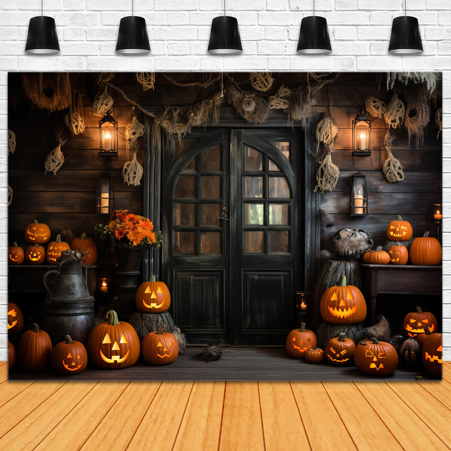 Sfondo Di Zucche Di Halloween Con Casa In Legno RR7-99