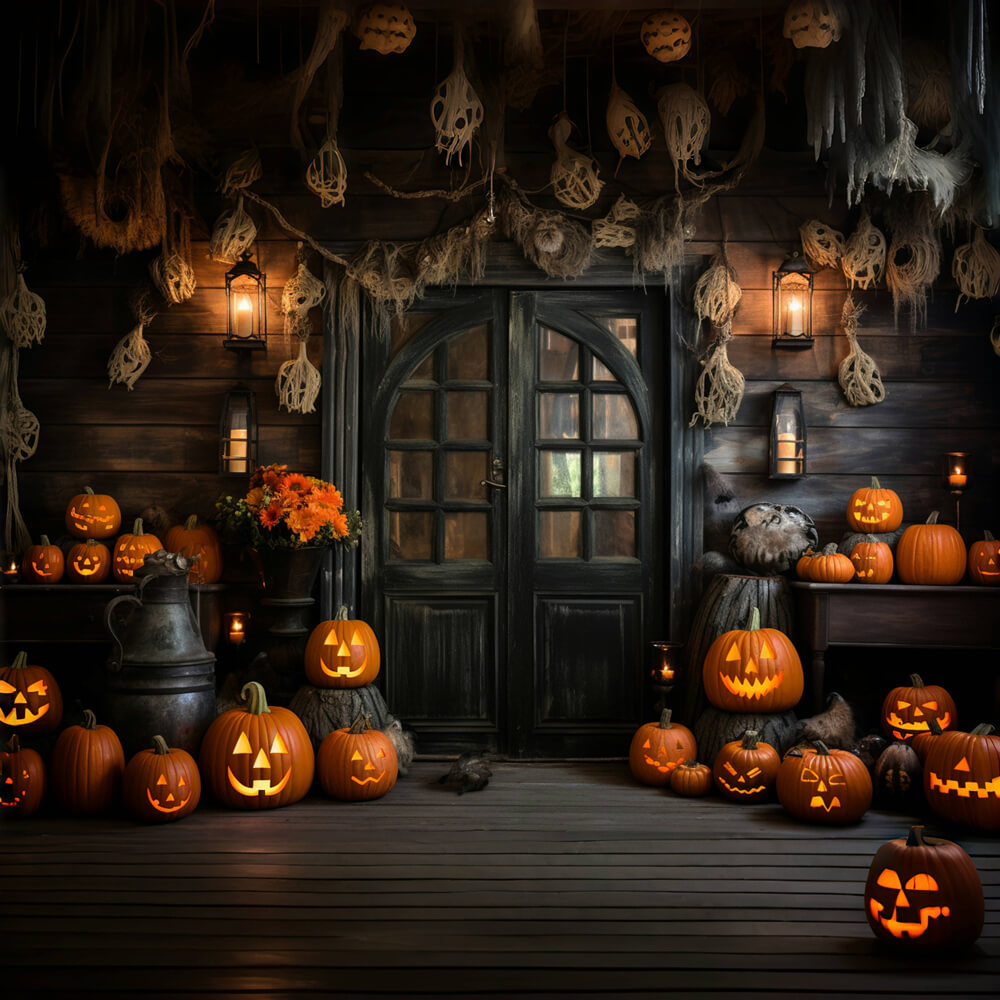 Sfondo Di Zucche Di Halloween Con Casa In Legno RR7-99
