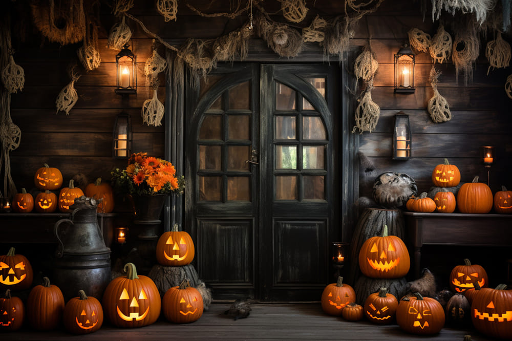 Sfondo Di Zucche Di Halloween Con Casa In Legno RR7-99