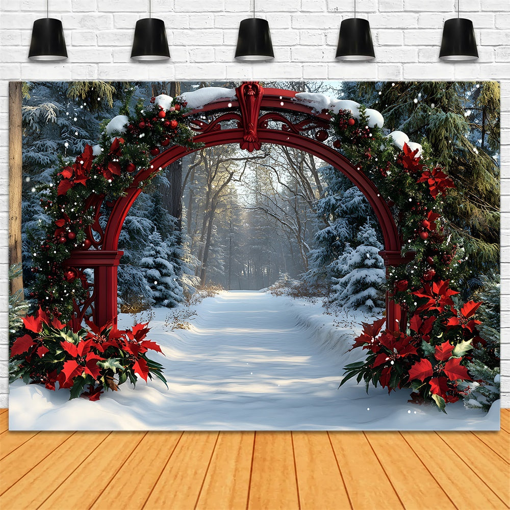 Sfondo Di Alberi Di Neve Con Ghirlanda Di Natale Poinsettia RR8-100