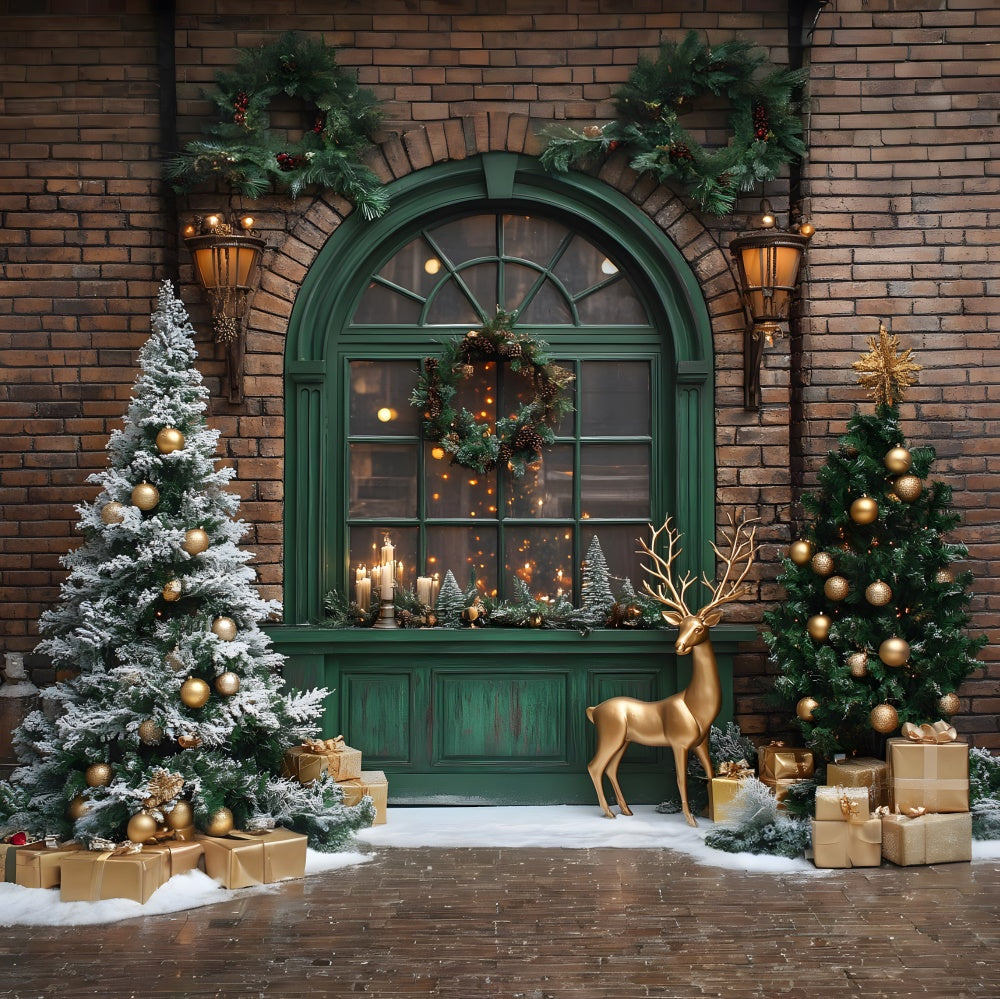Sfondo Con Renna E Finestra Con Ghirlanda Di Albero Di Natale RR8-103