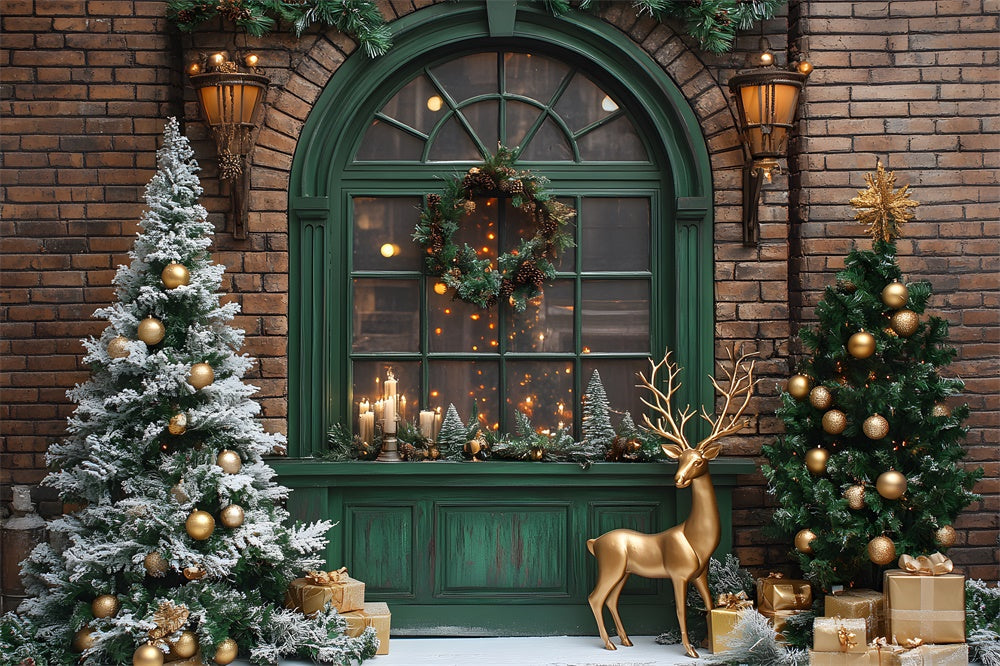 Sfondo Con Renna E Finestra Con Ghirlanda Di Albero Di Natale RR8-103