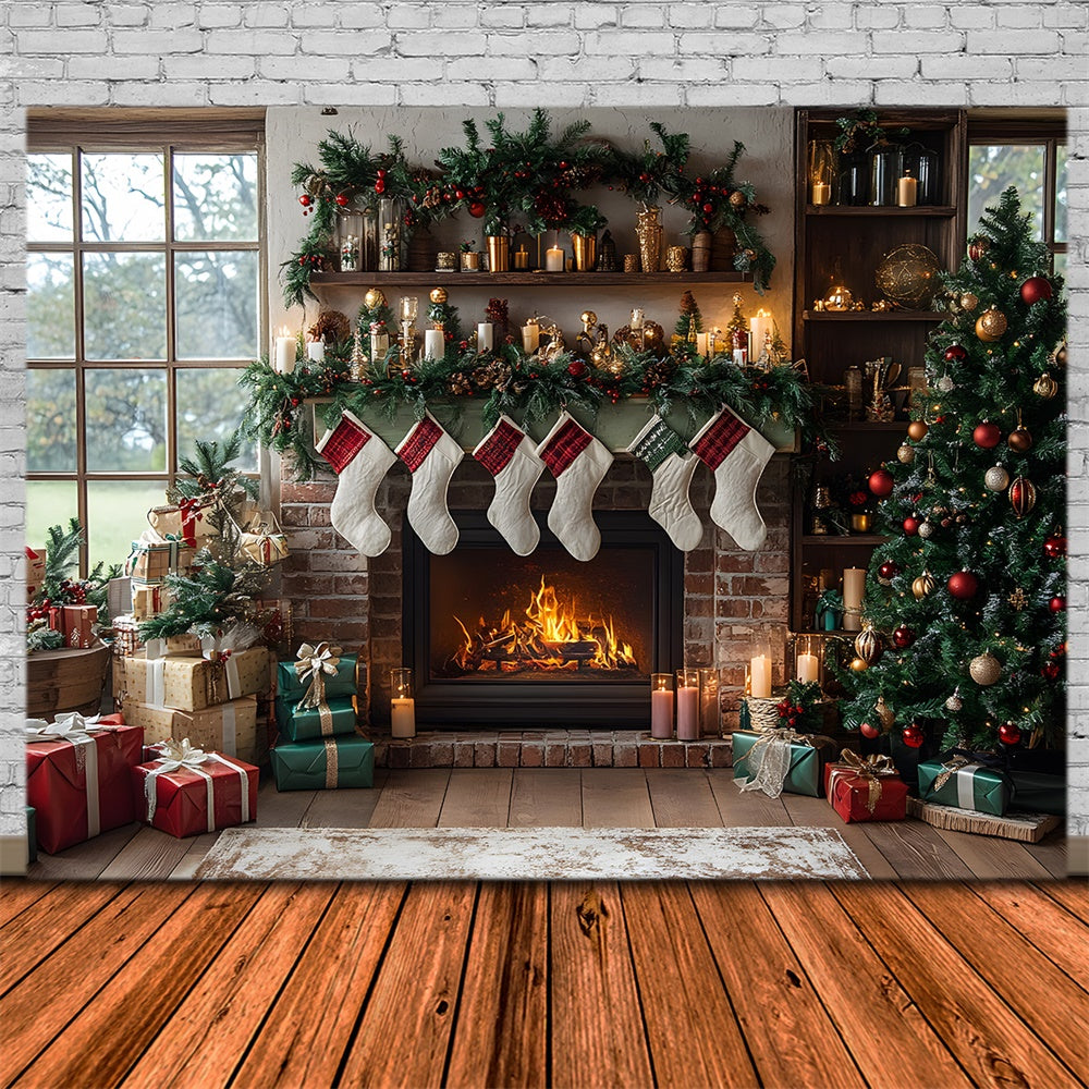 Sfondo Del Caminetto Con Calze Per Albero Di Natale RR8-111