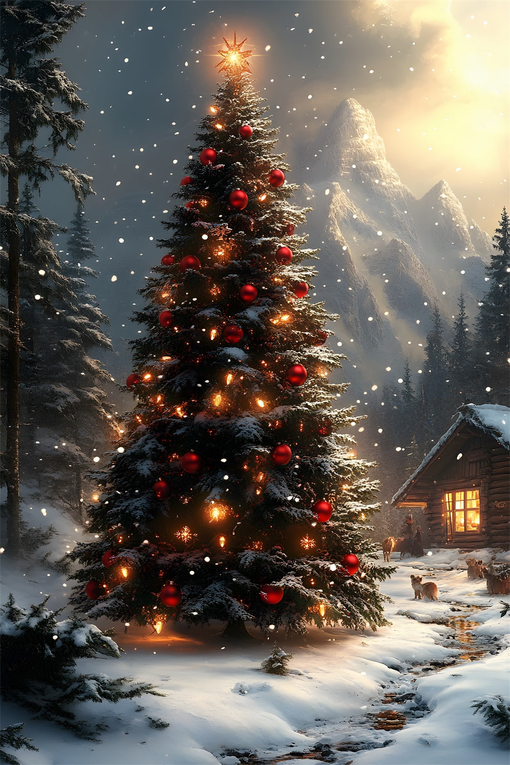 Sfondo Di Montagne Innevate Con Albero Di Natale RR8-128
