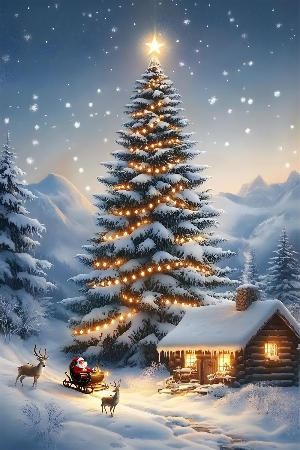 Sfondo Innevato Con Renne E Casa Sull'Albero Di Natale RR8-129