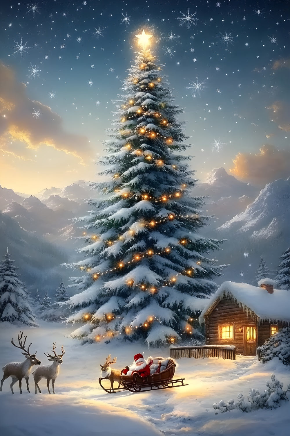 Sfondo Di Alberi Di Natale Con Renne E Slitta Di Babbo Natale RR8-130