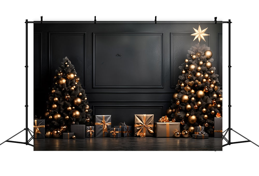 Sfondo Di Alberi Ornamentali In Oro Nero Natalizio RR8-132